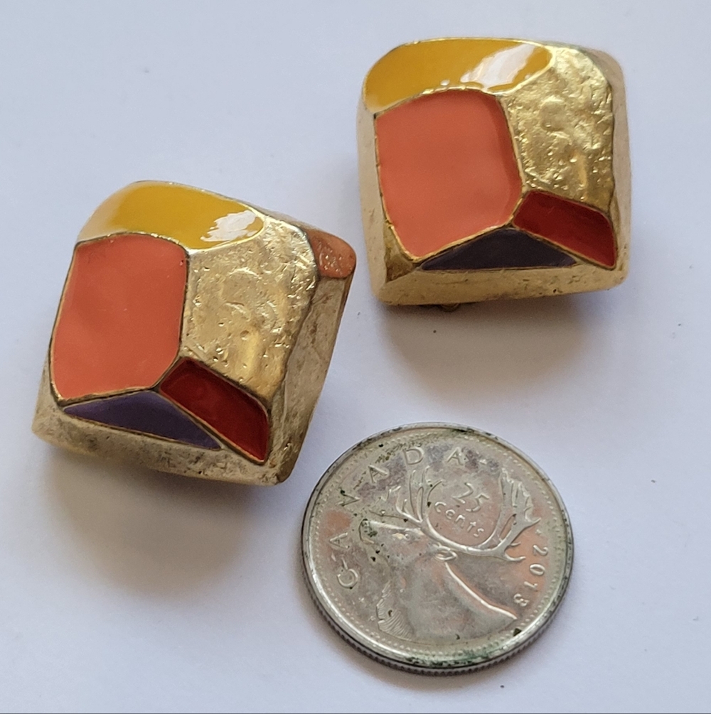 Geometric Gold and Multicolor Clip On Earrings